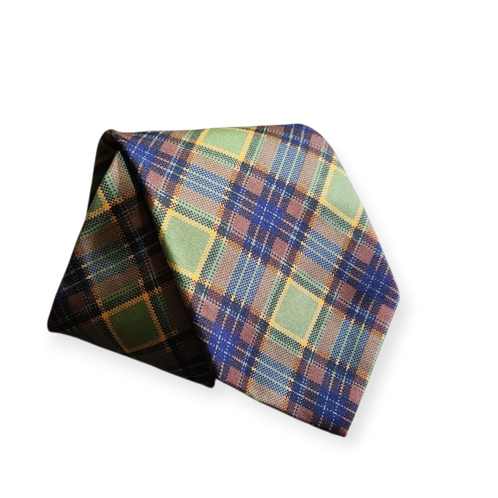 Vintage Abercrombie & Fitch Silk Tie Green Brown Gold Plaid Hand Made in USA